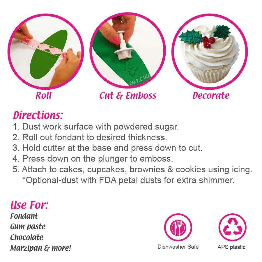 Holly Leaf Plunger Cutter - 3 in 1 NY Cake Fondant Cutter - Bake Supply Plus