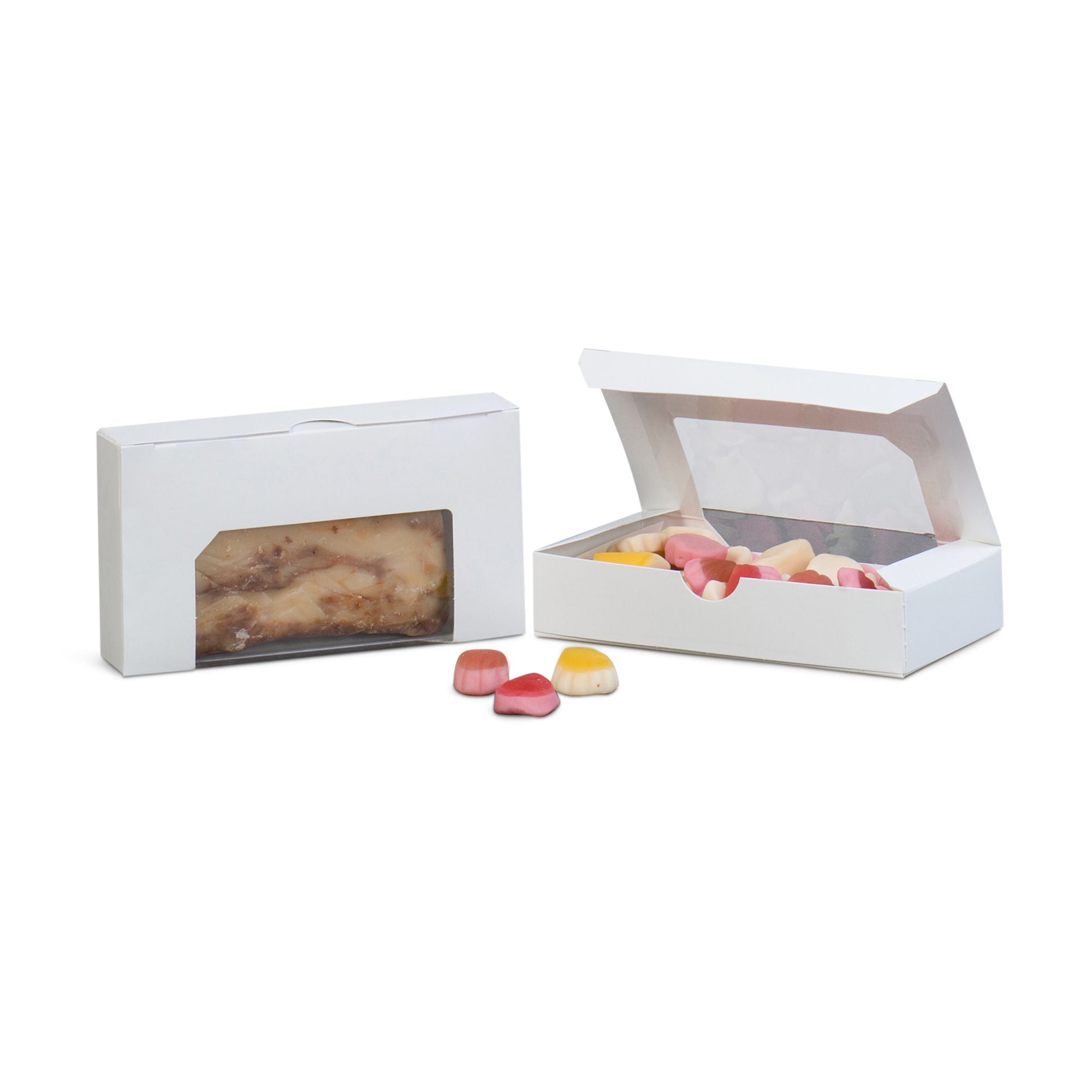 Box #21 - 6 x 3 1/4 x 1 1/8 White Candy & Fudge Boxes with Window 1/2 lb.