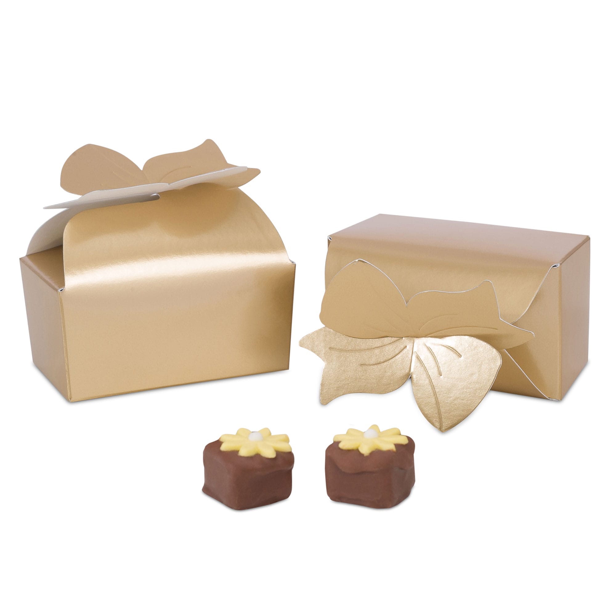 16G - 3 1/2 x 2 x 1 11/16 Gold Foil Bow Top Favor Boxes Large