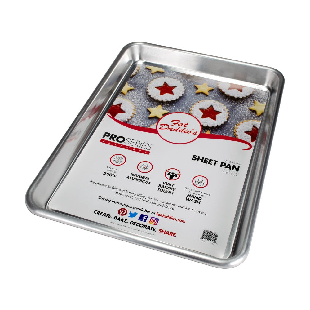 Fat Daddio's aluminum sheet pan in various sizes, showing a durable, lightweight baking sheet with a smooth, clean surface.