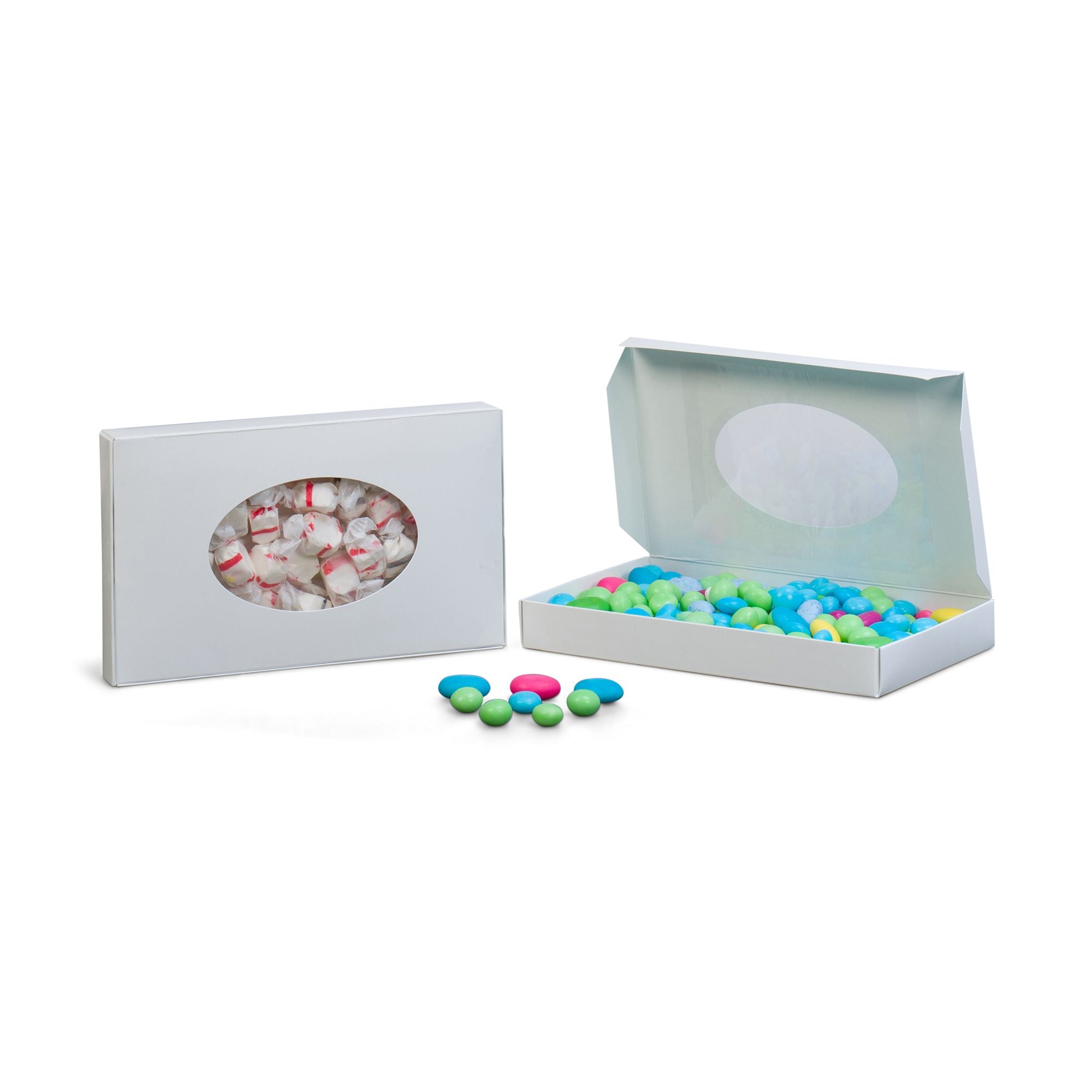Caja #8 - Caja blanca de ventana para caramelos y dulces de 23,5 x 14 x 2,8 cm para 450 g