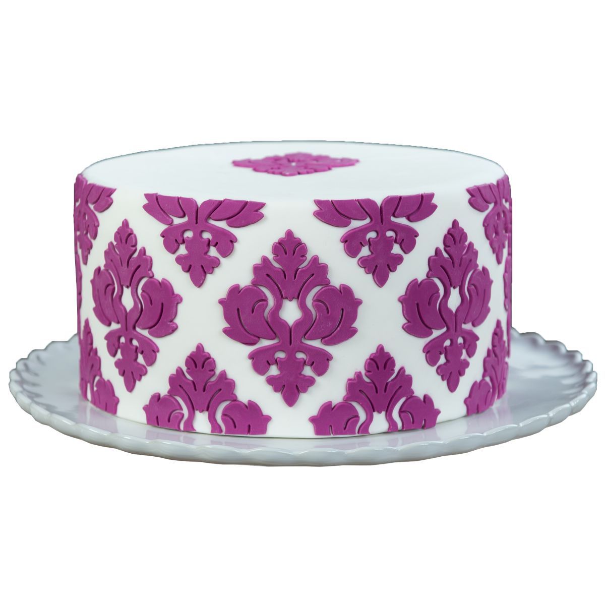 Marvelous Molds Damask Pattern Onlay® silicone mold showing intricate damask design for decorative crafts and cake decorating.