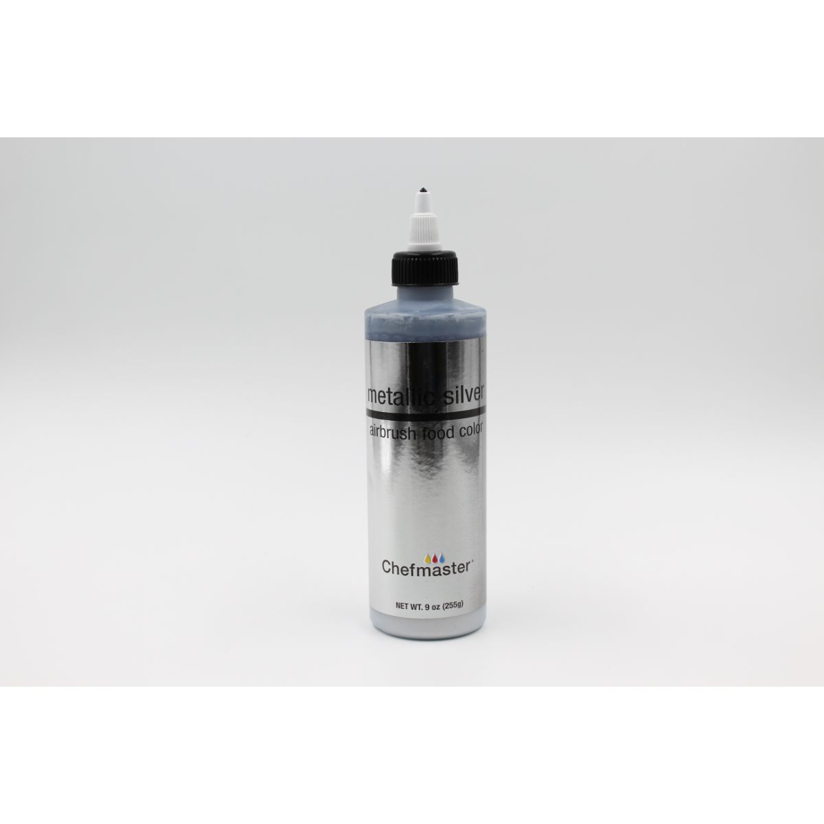 Chefmaster Metallic Airbrush 2oz set with gold, silver, and pearl colors, featuring professional airbrush tools and vibrant metallic finishes.