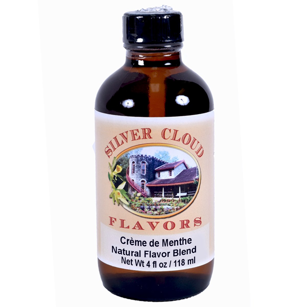 Silver Cloud Crème de Menthe extract bottle with natural mint flavor, clear liquid in a small glass container.