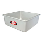 Fat Daddio's square cake pan in various sizes, shown with a clean metal surface and smooth edges for baking.