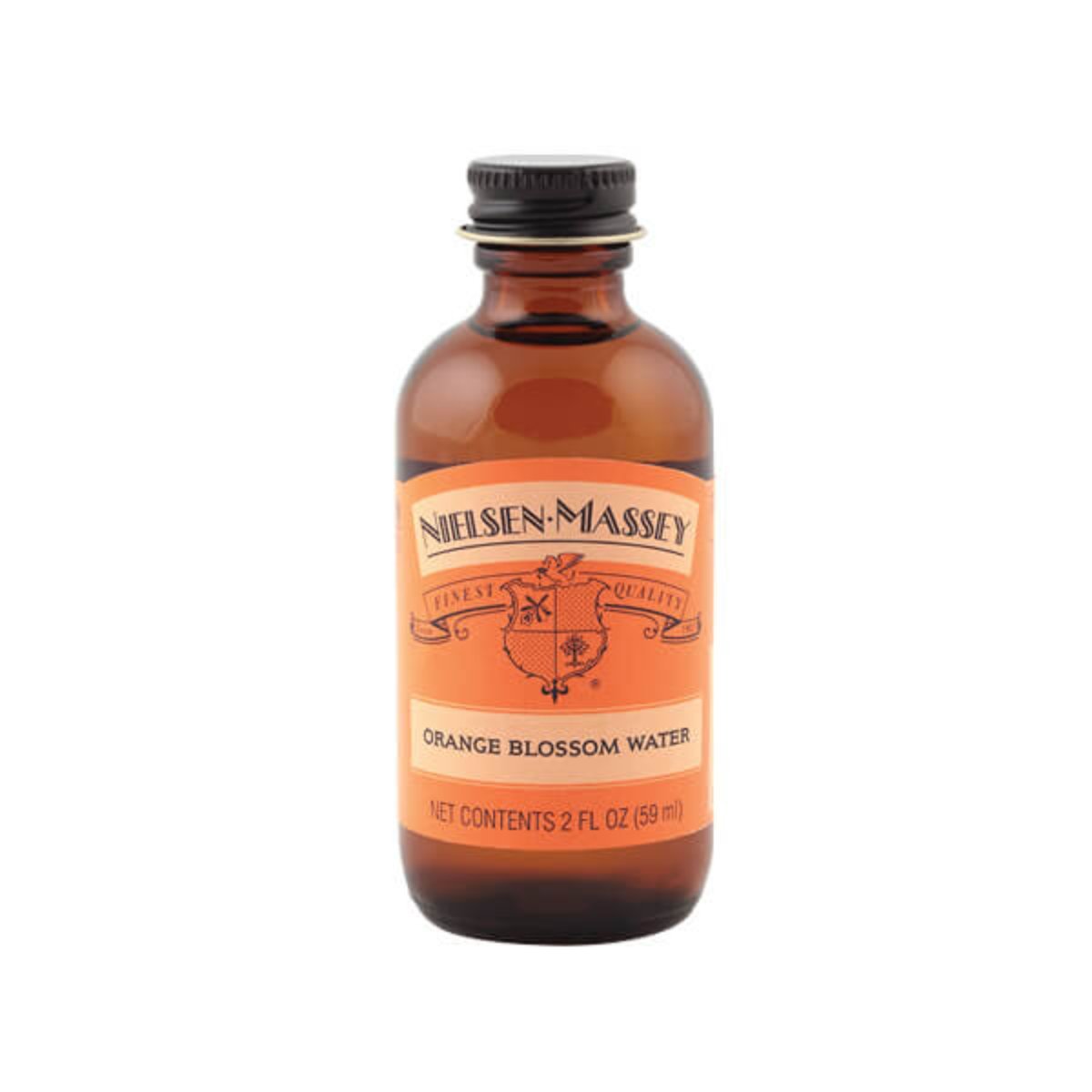 Nielsen-Massey Orange Blossom Water extract in 2 oz and 4 oz bottles, clear liquid in glass bottles with white labels.