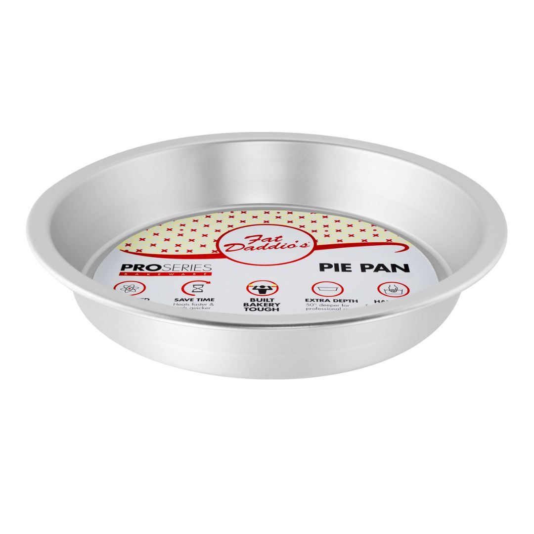 Fat Daddio's pie pan in various sizes, showing a sturdy, non-stick metal baking dish perfect for homemade pies.