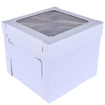 White tiered cake box with window by Whalen Packaging, showing multiple sizes and clear view of the cake inside.