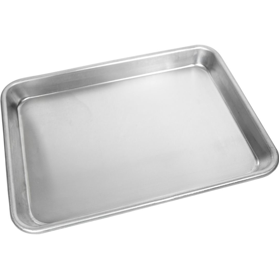 Fat Daddio's aluminum sheet pan in various sizes, showing a shiny, smooth baking surface with raised edges for even baking.