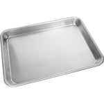 Fat Daddio's aluminum sheet pan in various sizes, showing a shiny, smooth baking surface with raised edges for even baking.