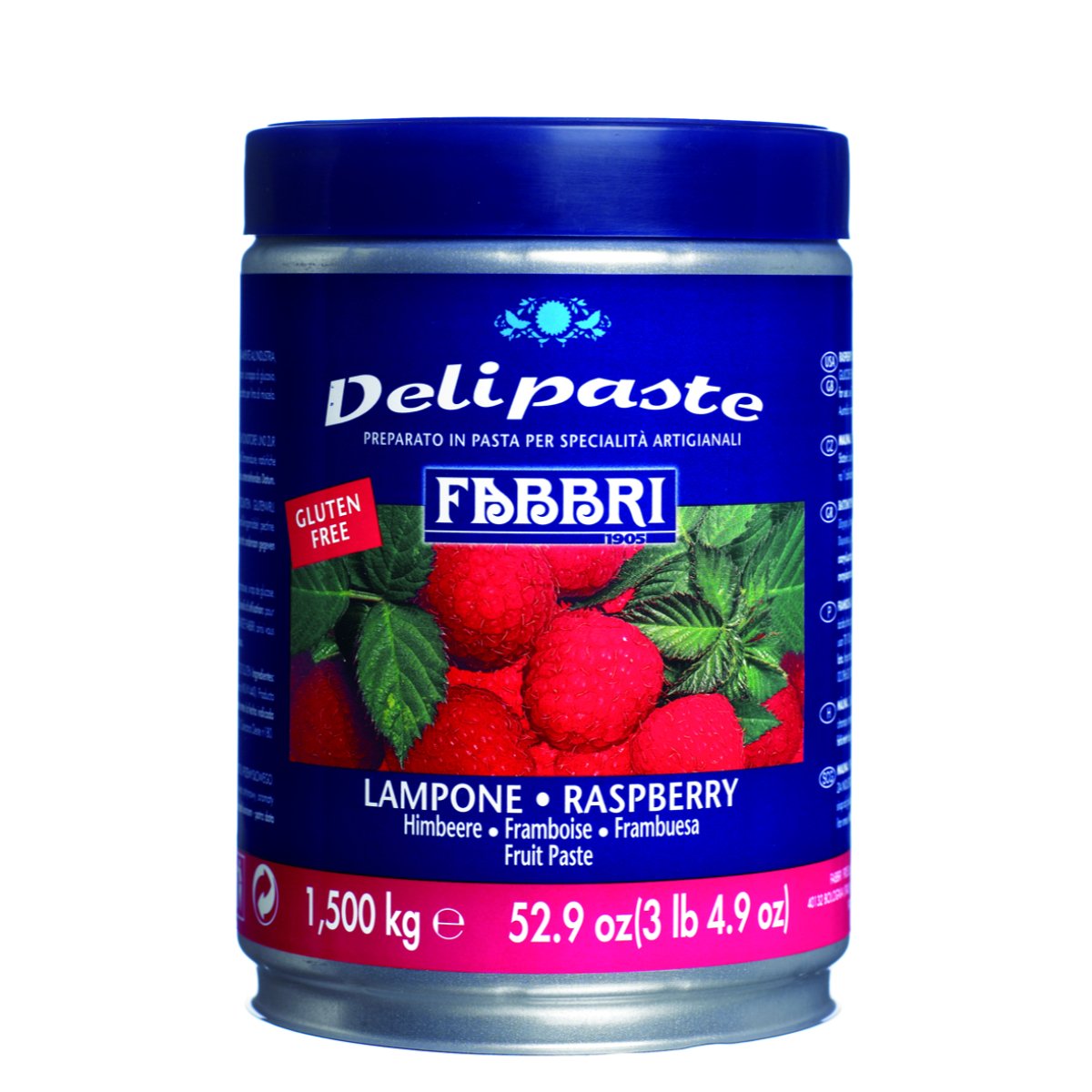 Fabbri Raspberry Delipaste flavoring paste in a jar with a bright raspberry label and silver lid.