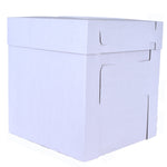 White tiered cake box with window by Whalen Packaging, showcasing a clear viewing window and multiple sizes for cake presentation.