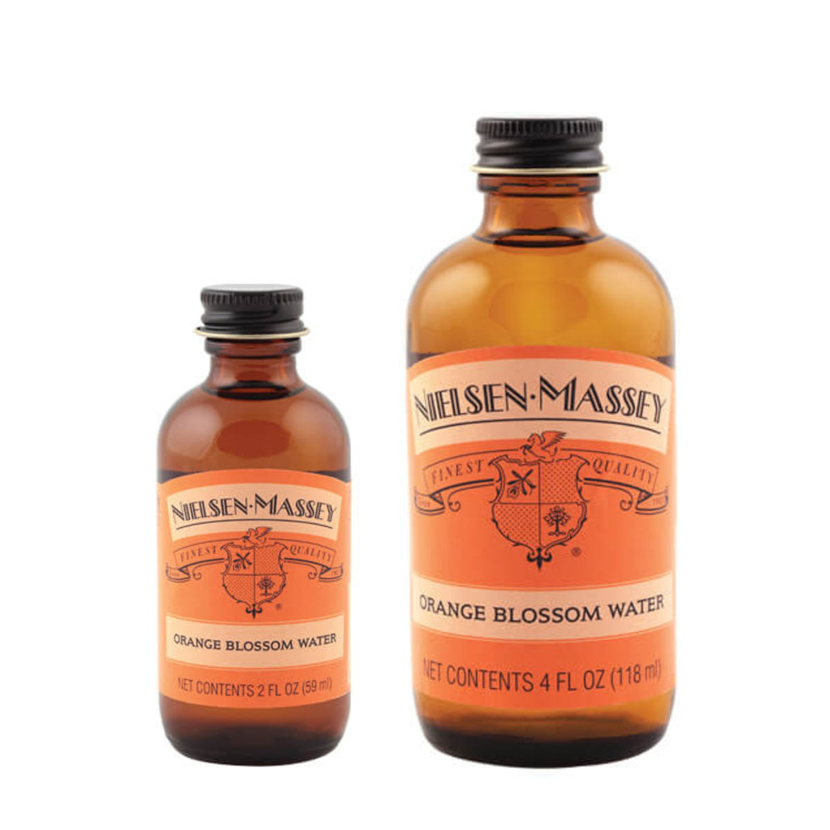 Nielsen-Massey orange blossom water extract in a clear glass bottle with a white cap, showcasing the product label.