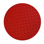 Red circle cake drum by Whalen Packaging, available in all sizes, with a smooth, sturdy surface for cake support.