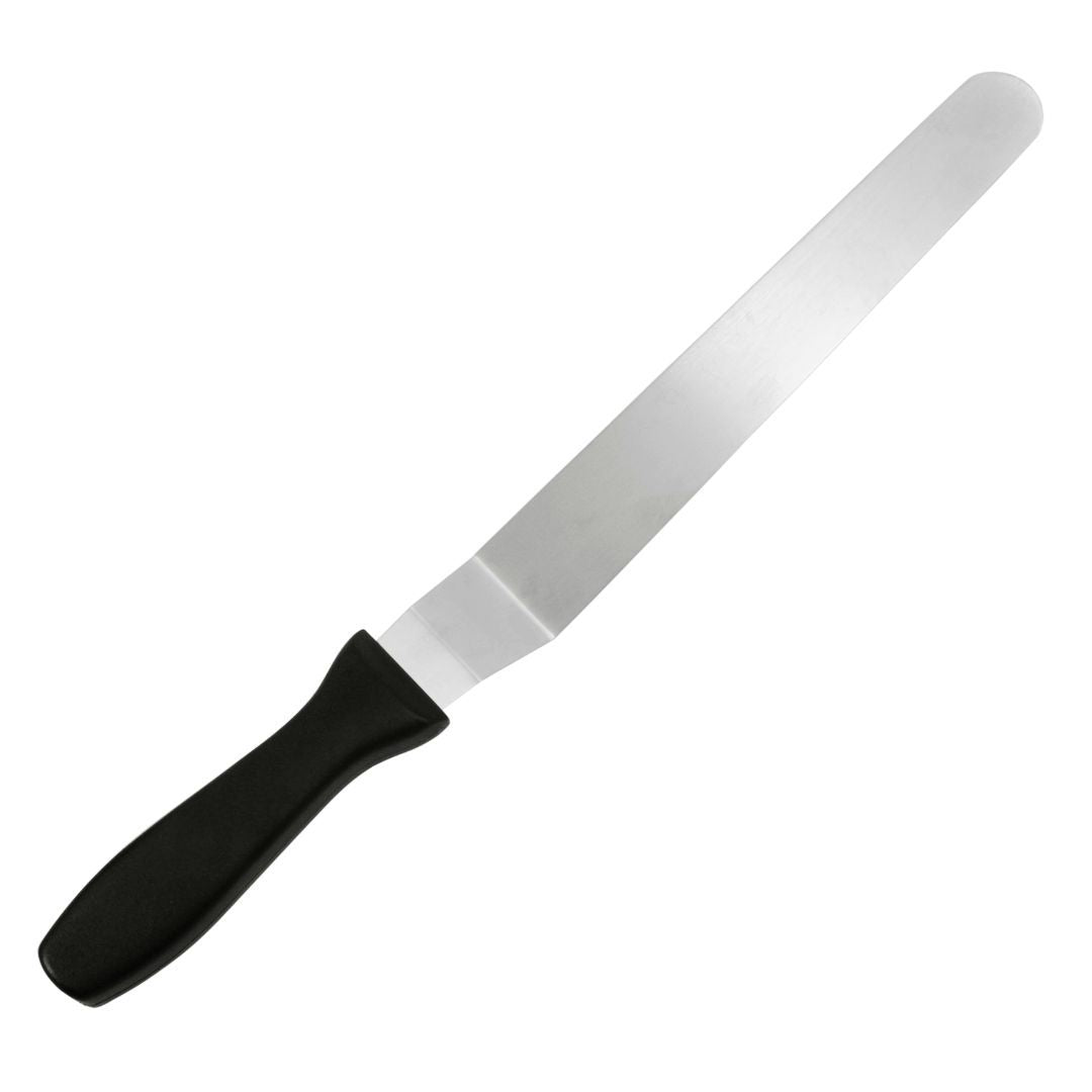Fat Daddio's offset blade spatula in various sizes with stainless steel blades and ergonomic handles, ideal for precise baking tasks.