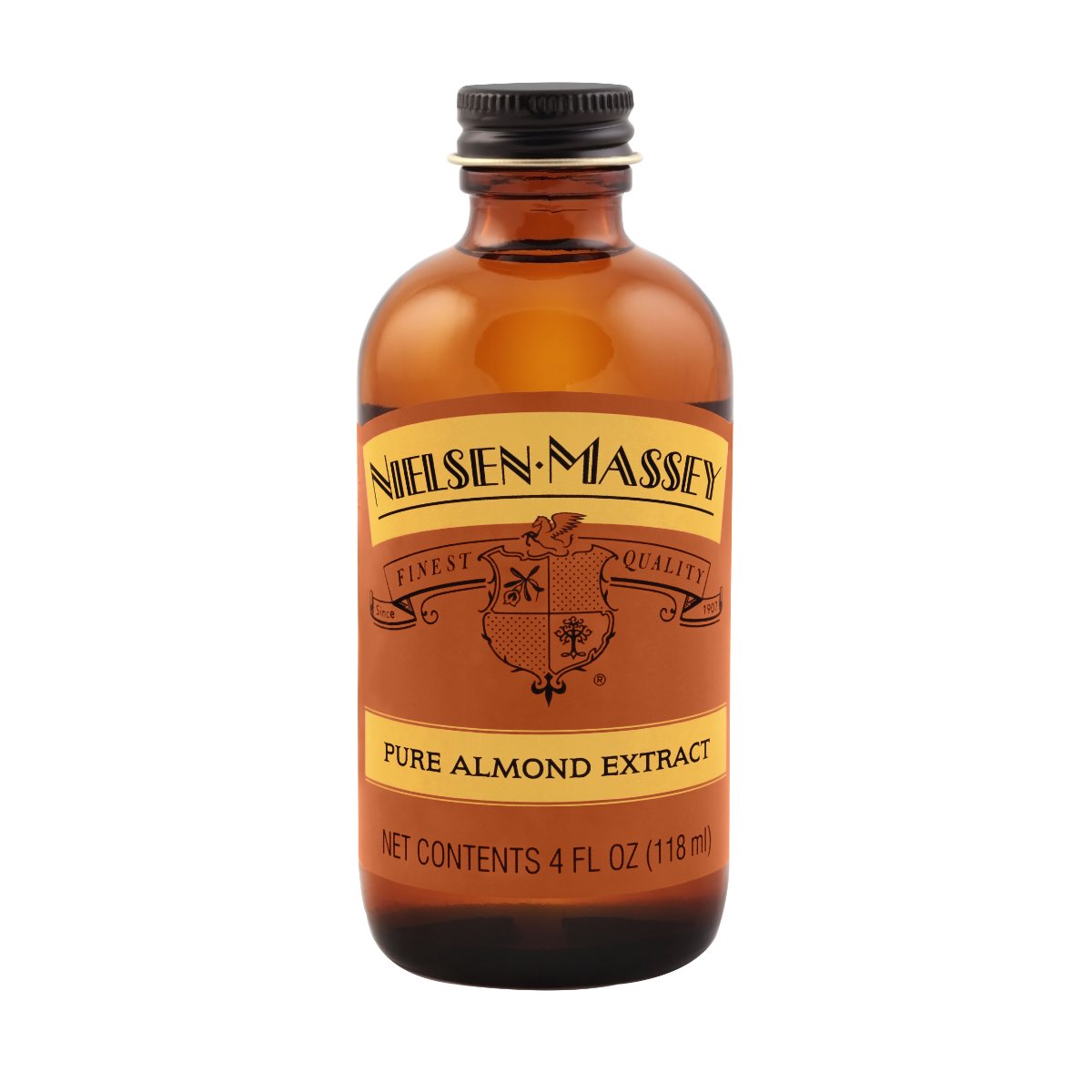 Bottle of Nielsen-Massey Pure Almond Extract in 2, 4, or 18 oz size, showing clear glass bottle with almond extract inside.