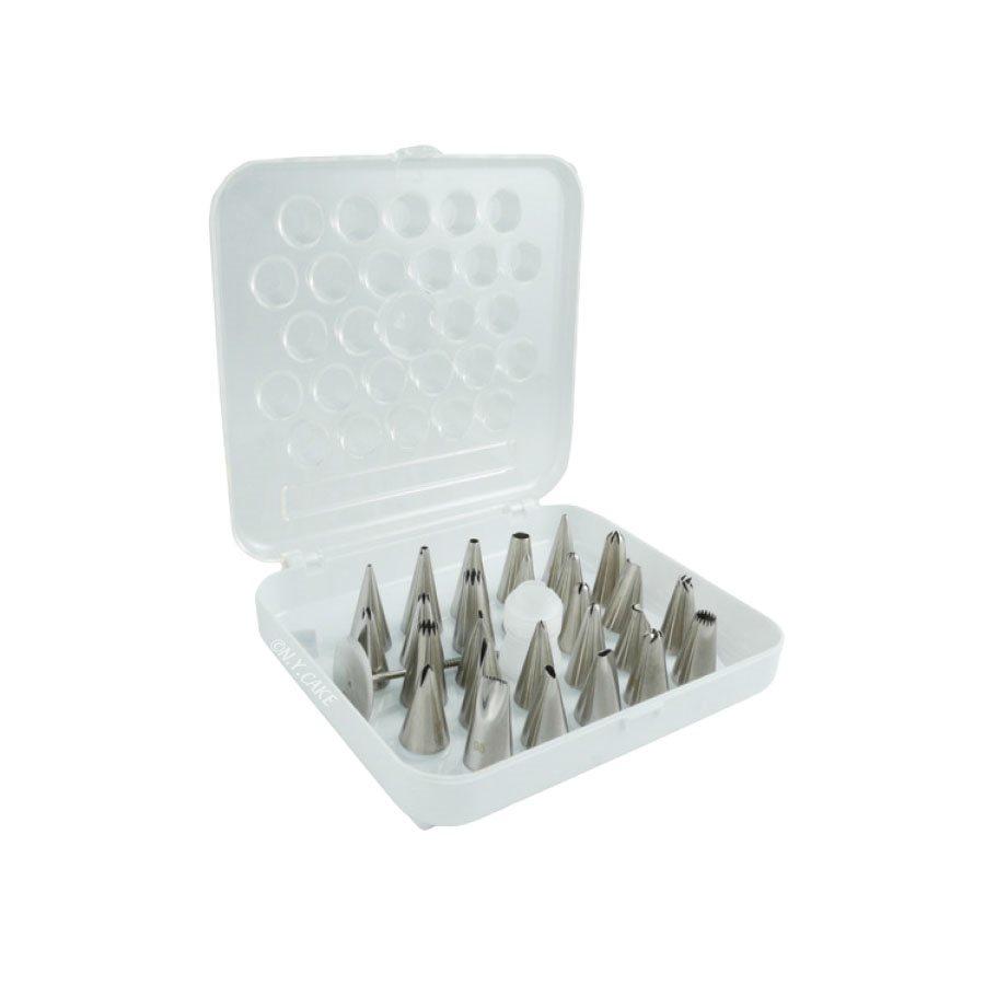 NY Cake 26-piece beginner piping tip set with various decorating tips for cake decorating and piping designs.