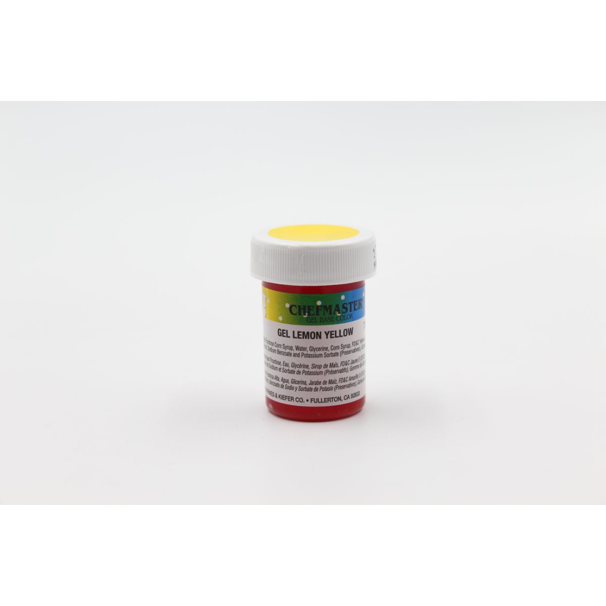 Chefmaster Gel Base Color in 1oz jar, vibrant gel food coloring for baking and decorating, shows colorful gel in clear container.
