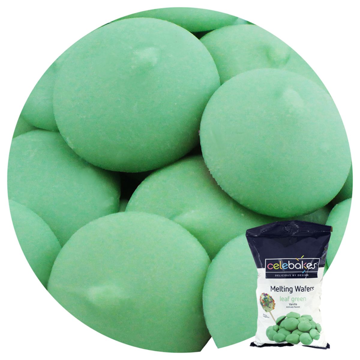 Green Merckens Leaf Chocolate Melts by CK Products, close-up of vibrant green candy melts for confectionery decorating.
