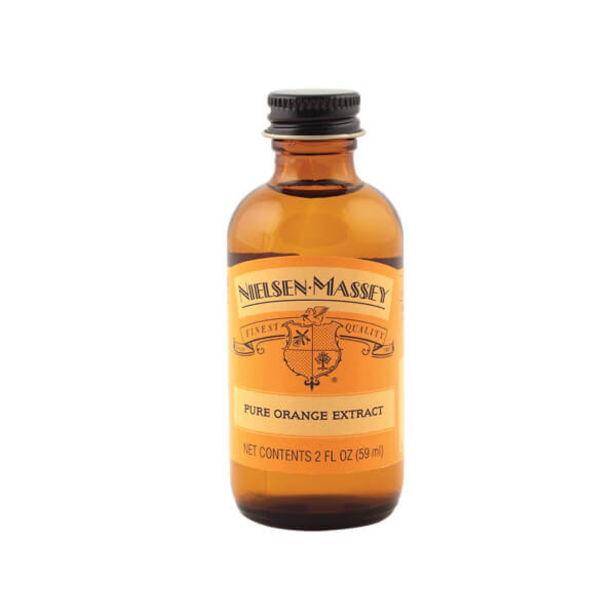 Nielsen-Massey pure orange extract bottle, 4 oz, with label showing bright orange flavor, in a clear glass bottle.