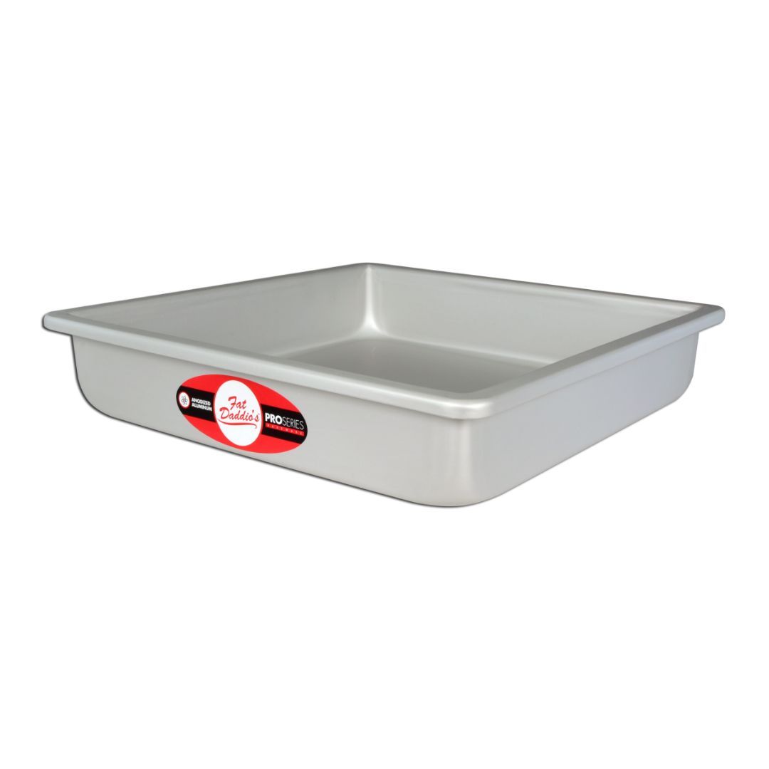Fat Daddio's square cake pan in various sizes, made of durable metal, with smooth edges for even baking.