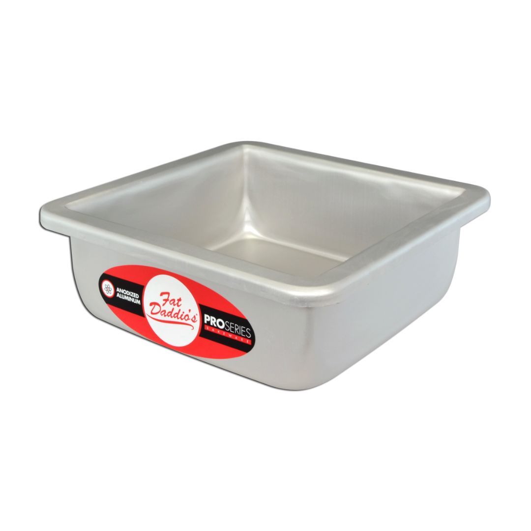 Fat Daddio's square cake pans in various sizes, shown stacked with smooth metal surfaces and straight edges for baking.