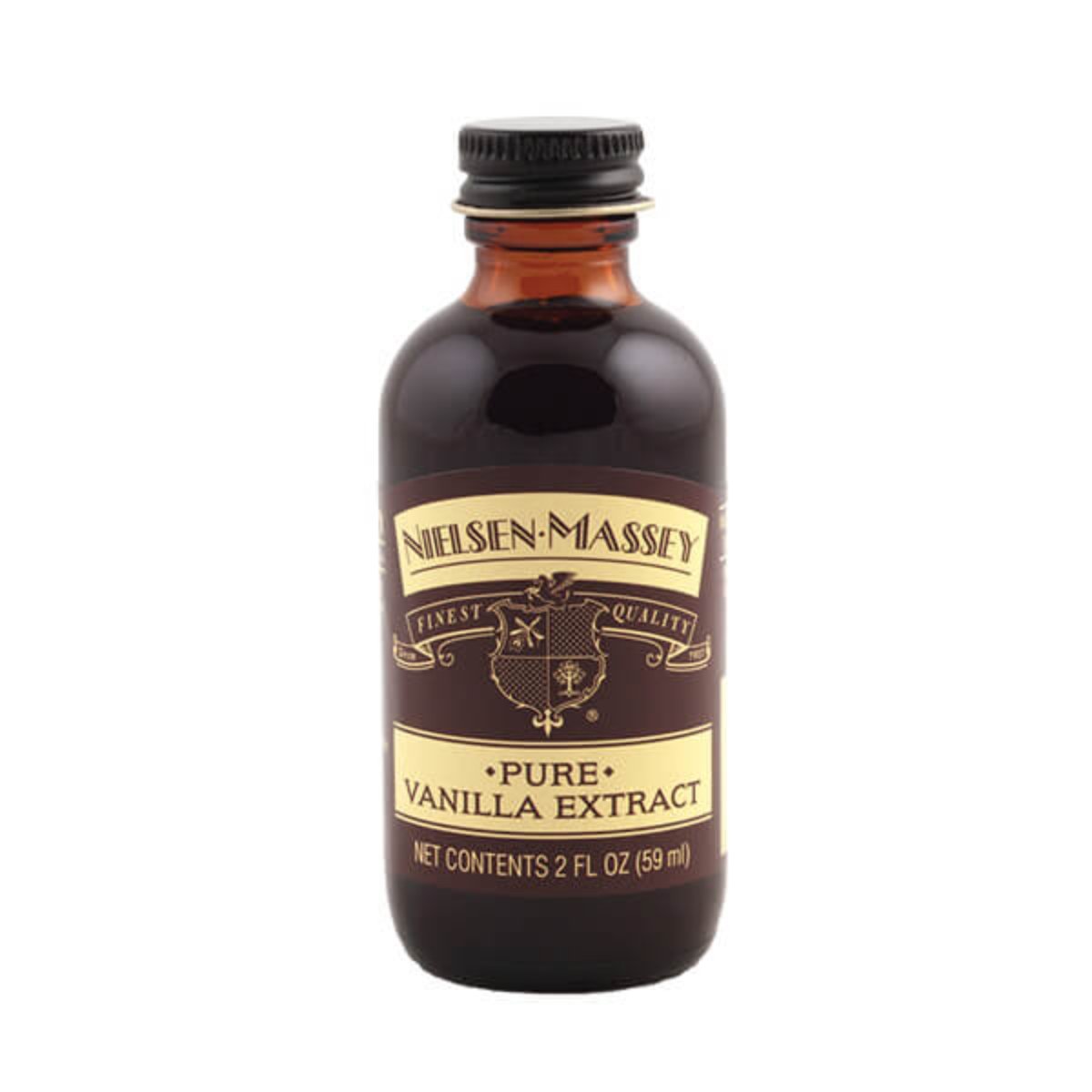 Nielsen-Massey Pure Vanilla Extract bottles in 2, 4, 8, and 32 oz sizes on a kitchen counter.