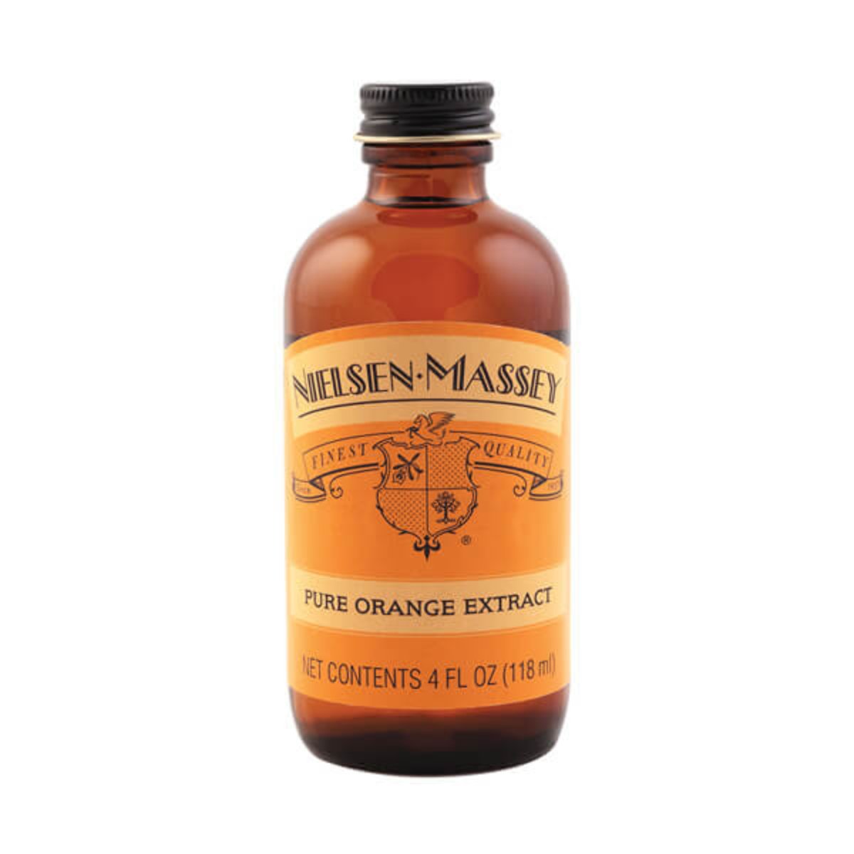 Nielsen-Massey Pure Orange Extract bottle in 2 oz and 4 oz sizes, featuring clear glass bottles with orange-colored labels and caps.