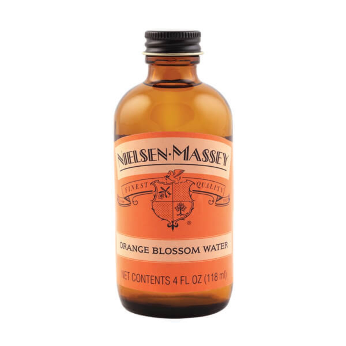 Nielsen-Massey orange blossom water extract in a clear glass bottle, showcasing the vibrant orange blossom aroma.