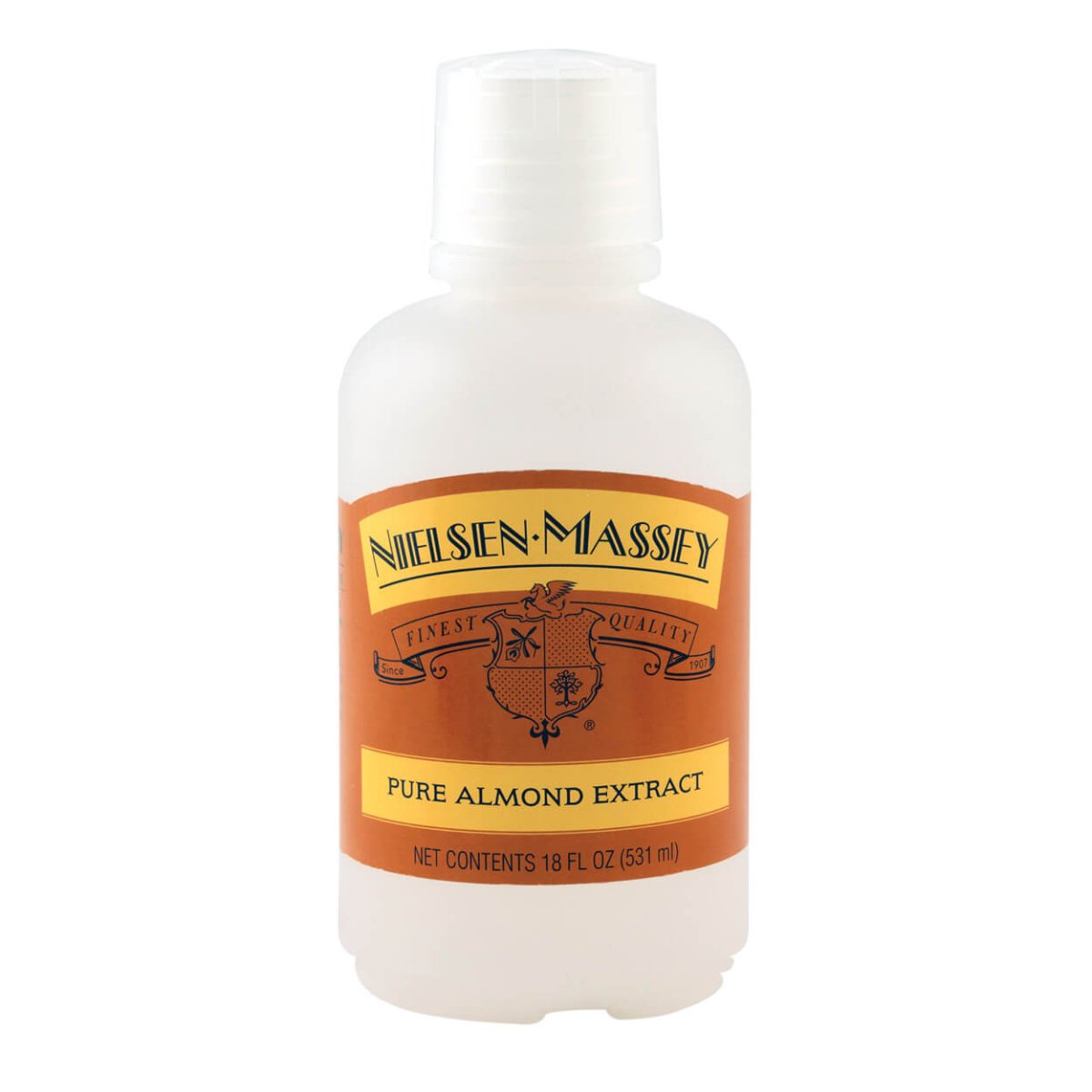 Nielsen-Massey Pure Almond Extract bottles in 2, 4, and 18 oz sizes, showcasing clear glass bottles with almond-flavored extract.