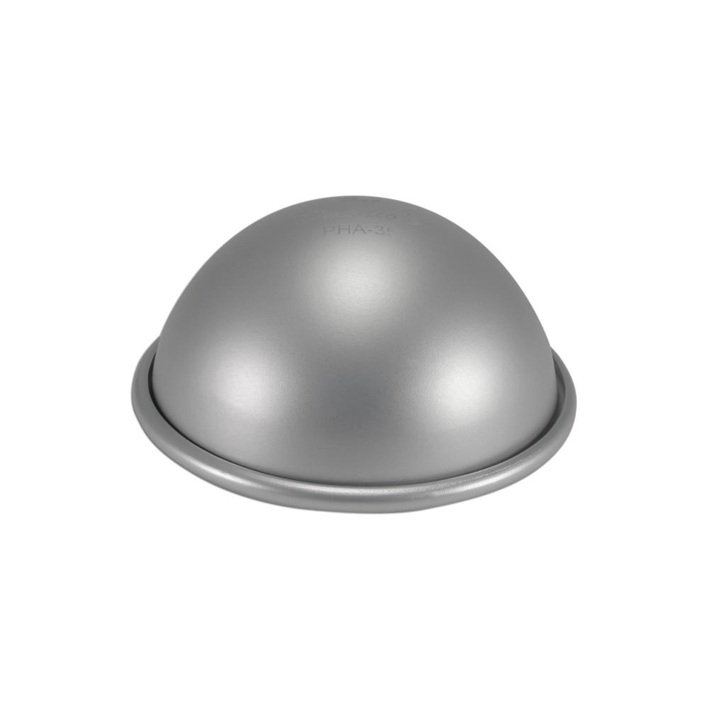 Fat Daddio's Hemisphere Pan, a round baking pan with a smooth, curved surface, shown in various sizes for versatile baking.