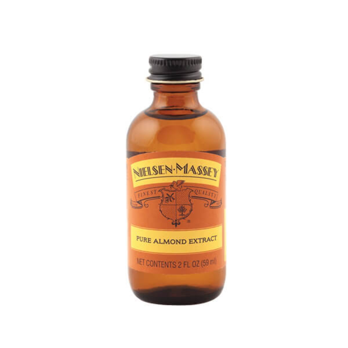 Nielsen-Massey Pure Almond Extract in a clear glass bottle, showing the label and golden liquid inside.