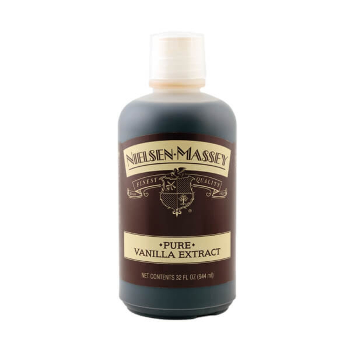 Nielsen-Massey Pure Vanilla Extract in 2, 4, 8, or 32 oz bottles, featuring clear glass bottles with vanilla beans inside.