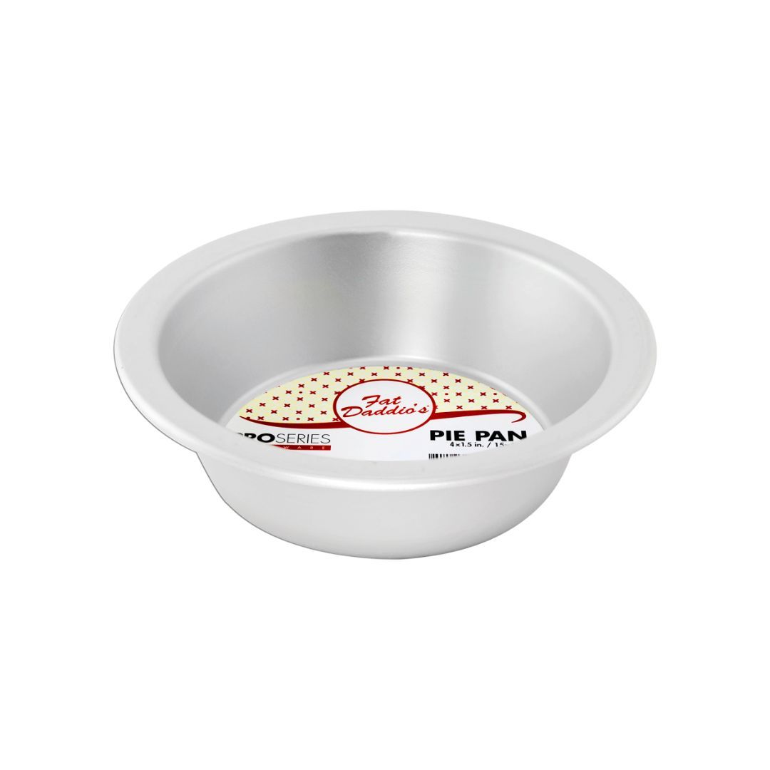 Fat Daddio's pie pan in various sizes, showing a round metal baking dish with a smooth edge for baking delicious pies.