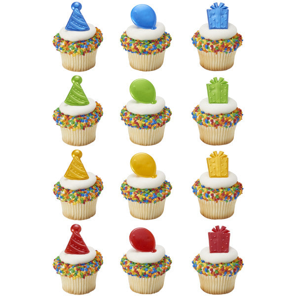 Happy Birthday Icons Cupcake Rings 12ct