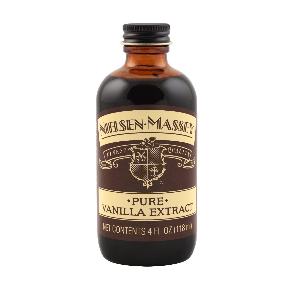 Nielsen-Massey Pure Vanilla Extract bottles in 2, 4, 8, and 32 oz sizes, showing clear glass bottles with vanilla extract inside.