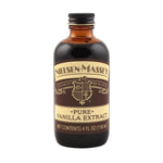 Nielsen-Massey Pure Vanilla Extract bottles in 2, 4, 8, and 32 oz sizes, showing clear glass bottles with vanilla extract inside.