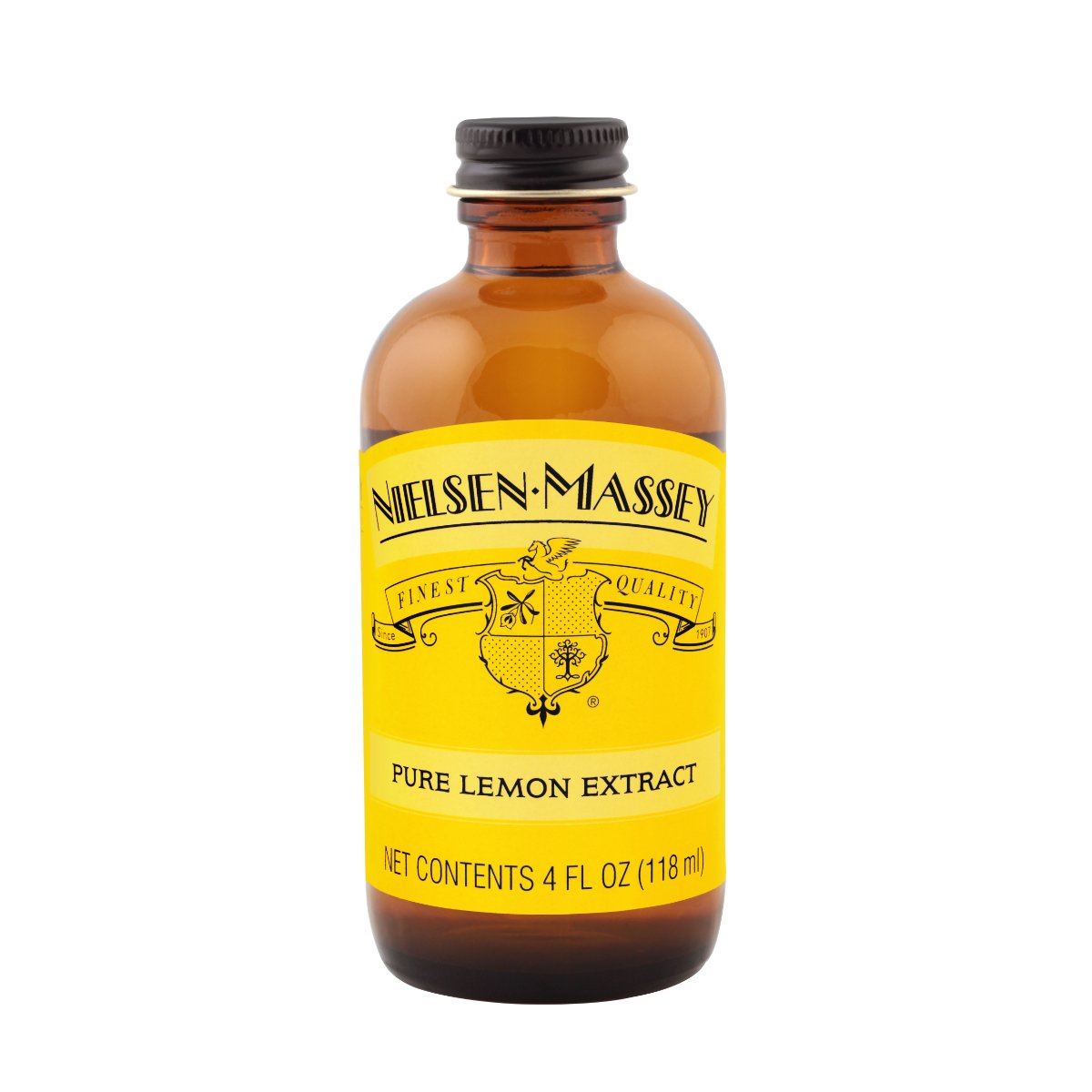 Pure Lemon Extract by Nielsen-Massey in 2 oz and 4 oz bottles, shown in clear glass bottles with lemon illustrations.