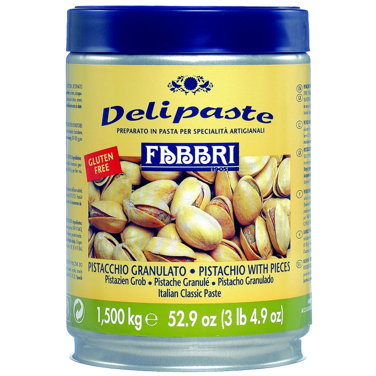 Fabbri pistachio flavoring paste with visible pistachio pieces, used as a delicious ingredient for desserts and culinary creations.