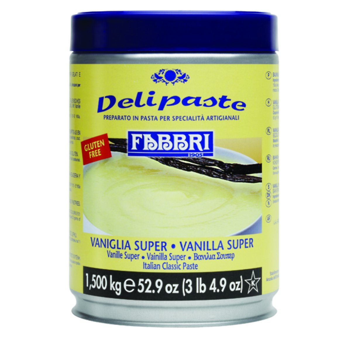 Fabbri Vanilla Super Delipaste flavoring paste in a jar, creamy vanilla-colored sweet ingredient for desserts and baking.