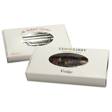 Caja #6 - Caja blanca para dulces y fudge de 7 1/2 x 4 x 1 1/8 con ventana de 1/2 lb.
