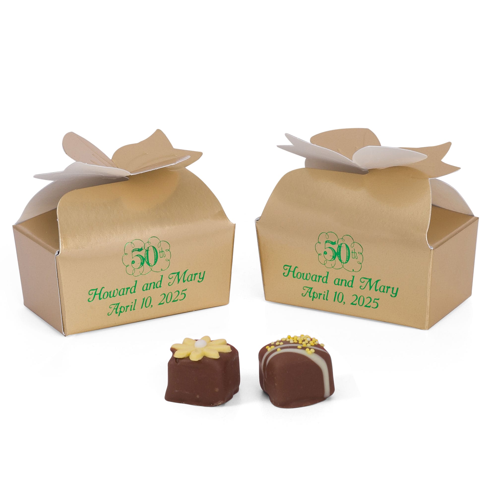 17G - Cajas de recuerdo pequeñas con lazo superior de lámina dorada de 2 5/8 x 1 1/2 x 1 3/16