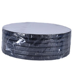 Black circle cake drum by Whalen Packaging, available in all sizes, used as a sturdy base for cakes and desserts.