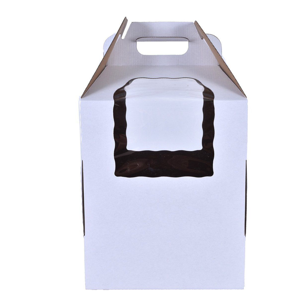 White tiered cake box with handle and window by Whalen Packaging, displaying multiple sizes for elegant cake presentation.