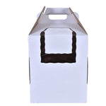 White tiered cake box with handle and window by Whalen Packaging, displaying multiple sizes for elegant cake presentation.