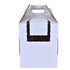 White tiered cake box with handle and window by Whalen Packaging, displaying multiple sizes for elegant cake presentation.