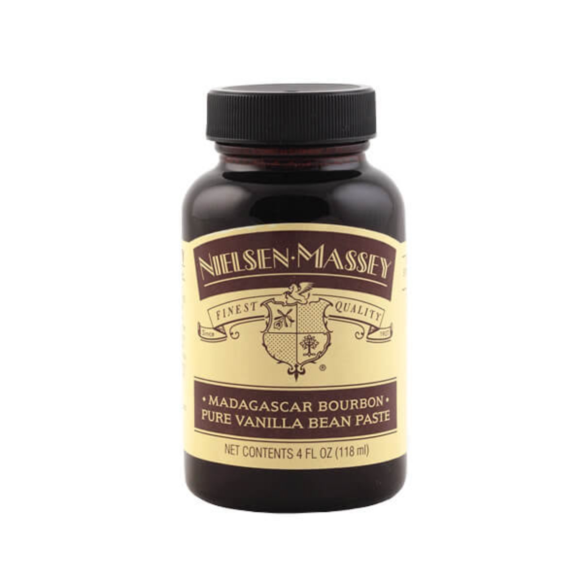 Nielsen-Massey Madagascar Bourbon Vanilla Bean Paste in a glass jar, showing the rich, dark vanilla flavor paste with vanilla beans visible