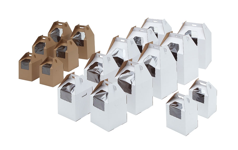 White tiered cake box with handle and clear window from Whalen Packaging, shown in various sizes for bakery packaging.