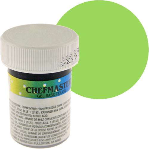 Chefmaster Gel Base Color 1oz in a clear container with vibrant gel pigments, showcasing the variety of all available colors.