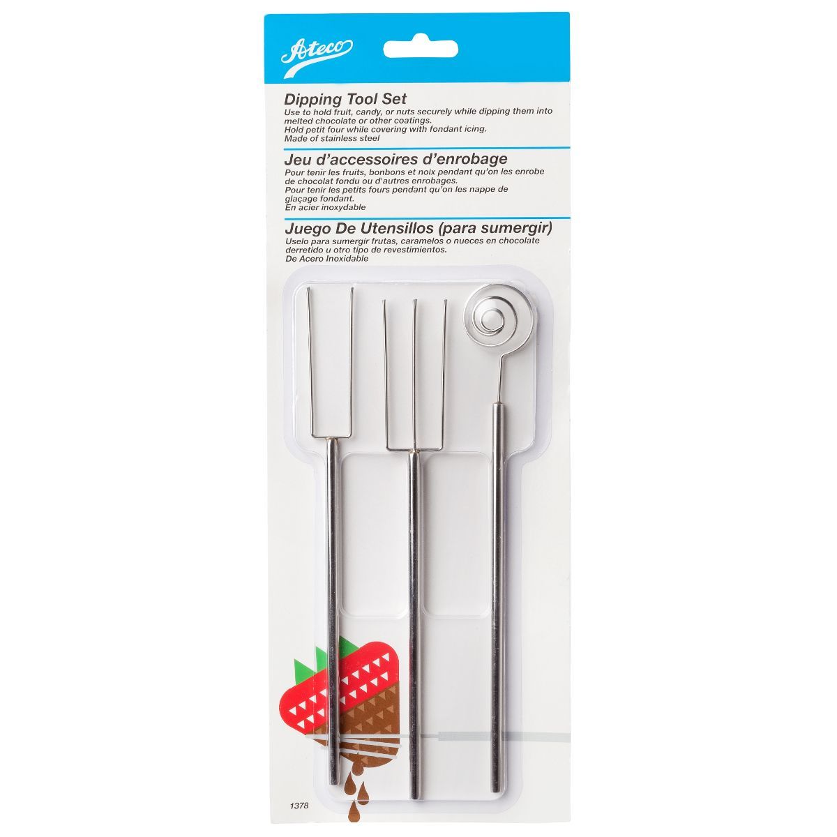 Ateco 3-piece chocolate dipping tool set with stainless steel tips and colorful handles for decorating desserts.